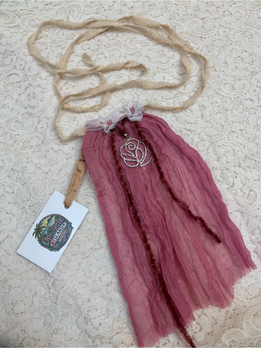 Handmade Pink Jabot Neck Adornment with Rose Pendant